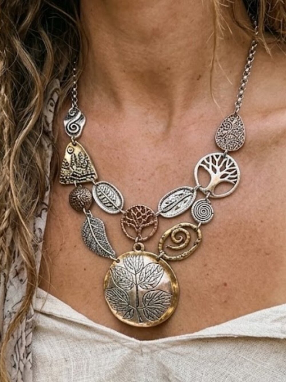 Patina Silver Gold Tree of Life Botanical Boho Statement Bohemian Necklace